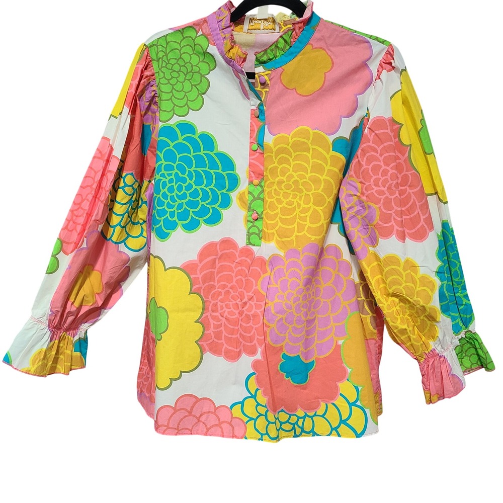 Flora Bea NYC XL Floral Tunic Top Ruffle Neck Cotton Long Sleeve Multicolor Boho